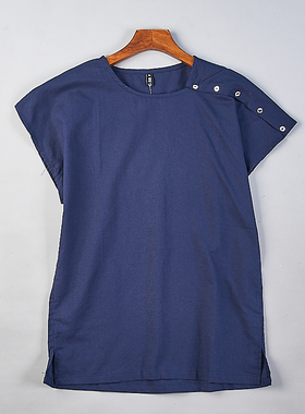 复古文艺中式宽松显瘦中长T恤衬衫女730H79454套头棉麻短袖上衣夏