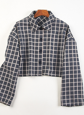 日单复古格子翻领衬衫女H84173秋季新款宽松显瘦休闲长袖短款外套