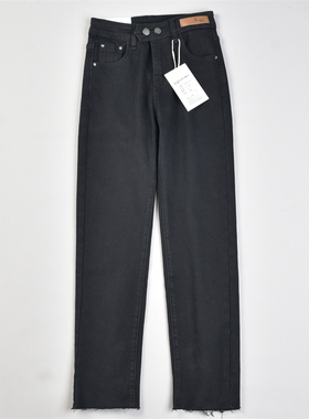 韩版修身毛边牛仔裤烟管裤女L83343新款通勤百搭纯黑色四季款长裤