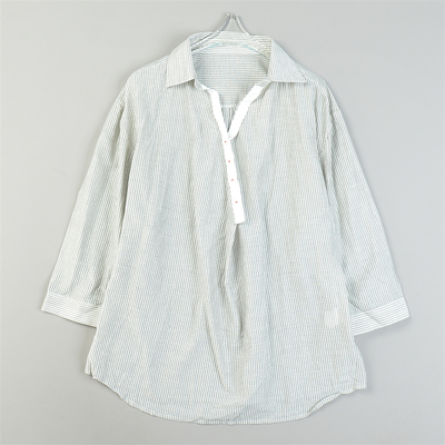日单纯棉细条纹套头衬衫女L84659夏秋季宽松文艺休闲薄款长袖上衣