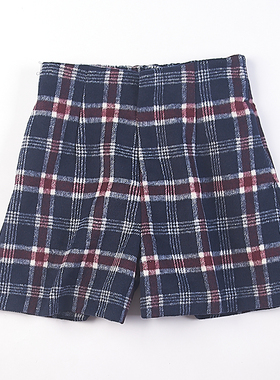 时尚毛呢短裤女7.11H75042春秋季高腰松紧通勤直筒格纹休闲阔腿裤