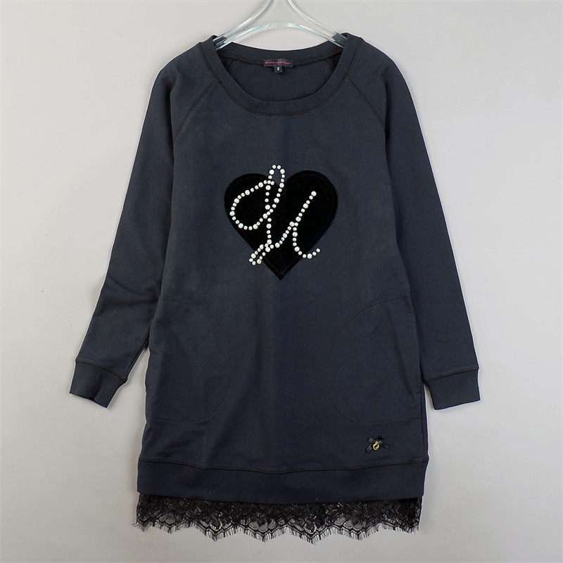 精品蕾丝边女生卫衣裙11.11L85122钉珠植绒直筒型秋冬中长打底衫