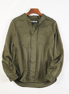 品质日单宽松套头长袖衬衫女84388秋季气质通勤军绿色口袋V领上衣