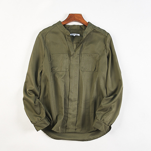气质通勤军绿色口袋V领上衣 女84388秋季 品质日单宽松套头长袖 衬衫