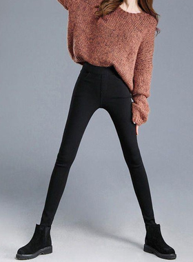 113精品黑色铅笔长裤女76784秋冬弹力修身显瘦加薄绒保暖小脚裤子