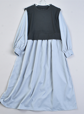 日系原宿假两件长袖连衣裙5.27L82358春夏宽松大码显瘦胖MM长裙子