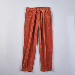 女3.19H78240春秋纯色松紧高腰复古直筒长裤 韩版 全棉灯芯绒休闲裤