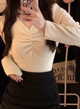 轻熟优雅风挂脖V领长袖T恤针织衫女H84718秋冬新款设计感韩版上衣