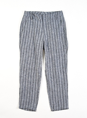 高货100%纯亚麻竖条纹直筒裤H83222夏季新款自然腰宽松显瘦九分裤