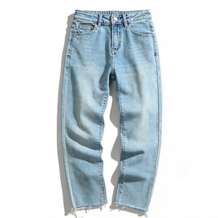 休闲百搭学生裤 毛边九分裤 女3.24L83227修身 复古水洗中高腰牛仔裤