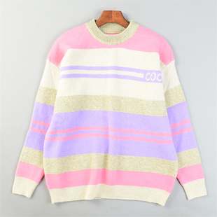 外穿打底衫 秋冬季 12.30L85268宽松落肩袖 拼色条纹男女毛衣针织衫