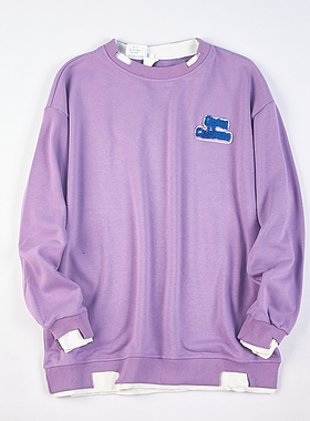 513青春潮流假两件圆领套头卫衣男女76503美式宽松纯色棉毛圈外套