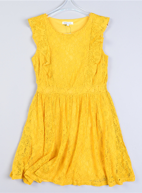 1124法式甜美蕾丝连衣裙女L79693修身显瘦小个子黄色荷叶边无袖裙