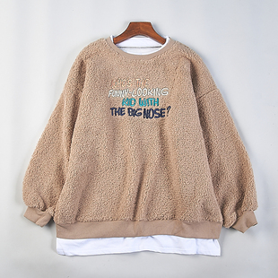 45羊羔毛绒圆领套头卫衣男女H77042春秋冬加厚宽松拼接假两件外套