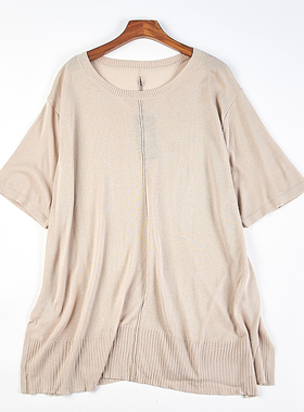 外贸大码纯色圆领针织衫女34H81507春夏宽松垂顺文艺休闲短袖上衣