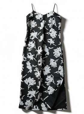 日单港风复古印花吊带连衣裙L86025夏露背轻熟风显瘦气质开叉长裙