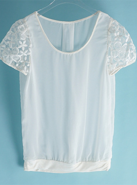 圆领T恤女9.3S70869夏季薄款韩版时尚百搭蕾丝袖拼接修身打底衫