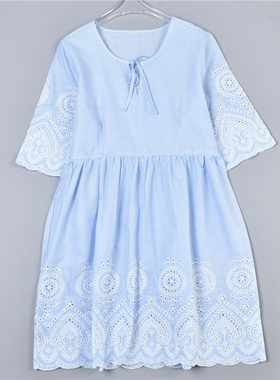 223品质刺绣全棉条纹连衣裙78418宽松显瘦高腰胖MM夏半袖中长裙子