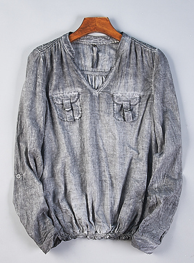 522外贸复古水洗全棉长袖衬衫女79585春夏季休闲潮流宽松做旧上衣