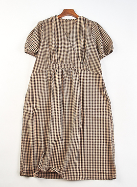 日系复古棉麻格子泡泡袖连衣裙女H82837夏季宽松收腰显瘦中长裙子