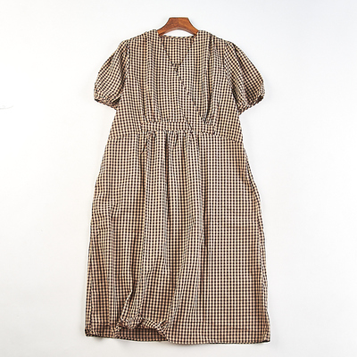 日系复古棉麻格子泡泡袖连衣裙女