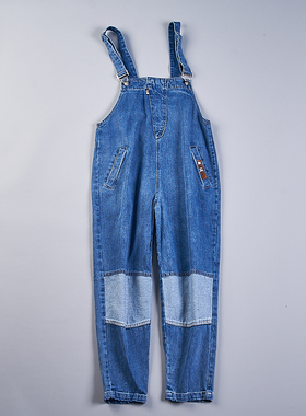 107复古纯棉牛仔背带裤女77166春秋新款撞色拼接补丁连体休闲长裤