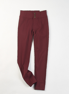 精品潮牌弹力修身酒红色休闲裤女H83846春秋新款中高腰直筒小脚裤