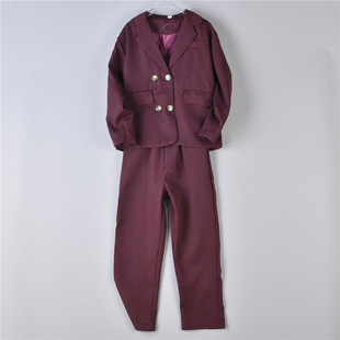 328外贸品质纯棉亲子童装 男女春秋两件套74249复古双排扣西服长裤