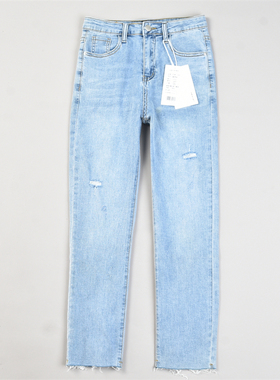 韩版弹力修身破洞直筒牛仔裤女L83416春夏时尚休闲毛边长裤九分裤