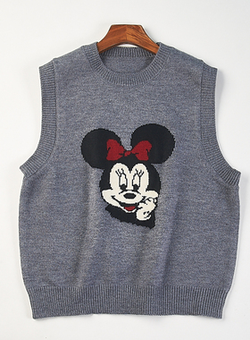 精品韩版卡通提花针织衫背心H85337秋冬少女圆领套头无袖毛衣马甲