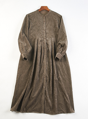 日单复古森系纯色灯芯绒连衣裙女H83314秋季长袖单排扣宽松长裙子