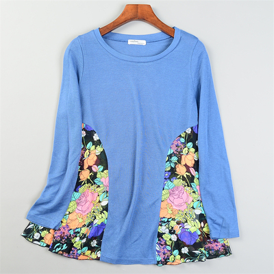 外贸碎花雪纺拼接薄款针织衫女85003柔顺坠感春季时尚长袖T恤上衣