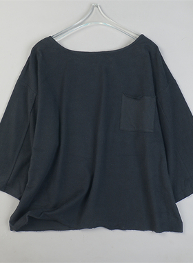 日单复古文艺纯棉磨毛T恤女L85121秋冬宽松七分袖单口袋休闲上衣