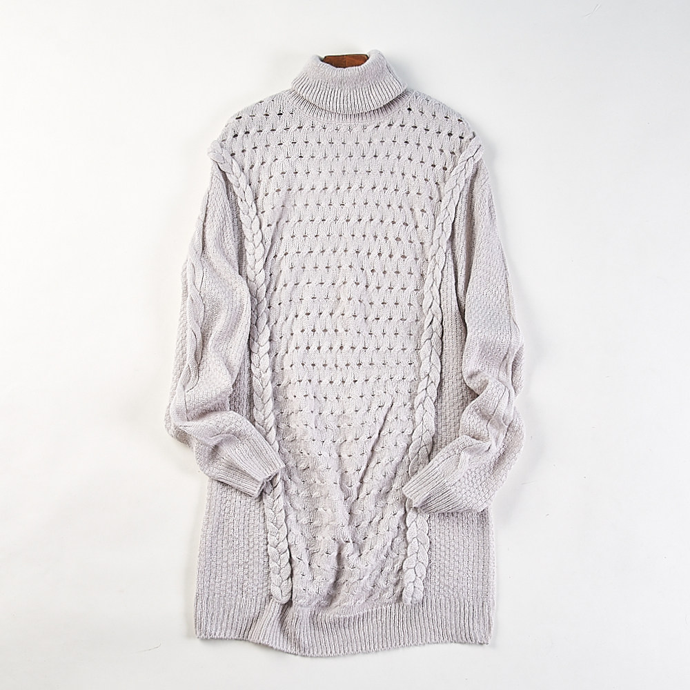 外贸宽松高领麻花针织连衣裙女H82959镂空设计感慵懒风中长款毛衣