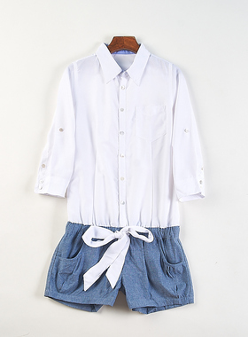 日单七分袖衬衫拼接连体短裤H84934夏季蝴蝶结系带设计感假两件套