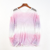日单潮流女装 T恤上衣 宽松套头外搭长袖 渐变色镂空罩衫 H81931夏季