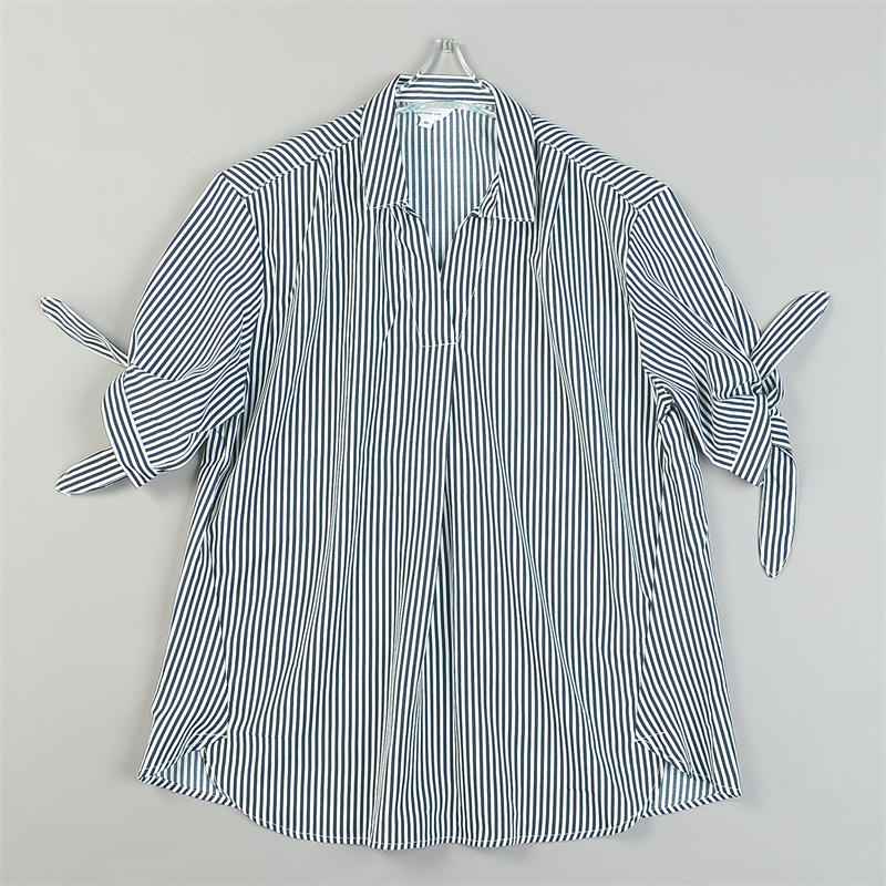 日单条纹套头衬衫女9.9L84302宽松显瘦学院风扭结短袖休闲上衣夏