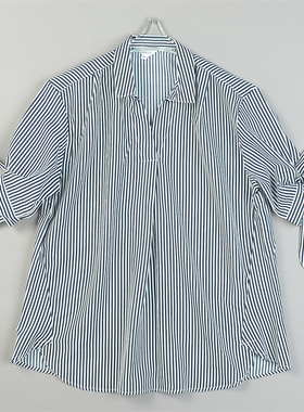 日单条纹套头衬衫女9.9L84302宽松显瘦学院风扭结短袖休闲上衣夏