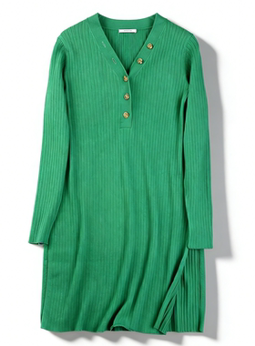 日单绿色坑条针织连衣裙女3.3L85938修身显瘦春秋通勤打底毛衣裙