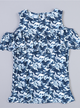 1121外贸露肩荷叶边复古印花短袖T恤女79027弹力修身夏季休闲上衣