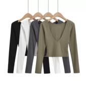 短款 纯欲甜辣妹性感深U领针织长袖 T恤女H83052纯色外穿打底衫 上衣