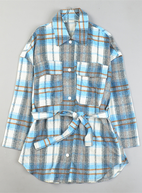 高定进口单羊毛呢中长衬衫外套女11.11L85128系带收腰秋冬短大衣