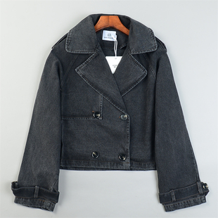 复古港式纯棉牛仔外套女12.9L84742时尚大翻领春秋冬短款大衣夹克