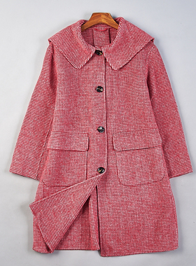 426复古千鸟格翻领羊毛大衣女80467宽松显瘦中长款双面呢风衣外套