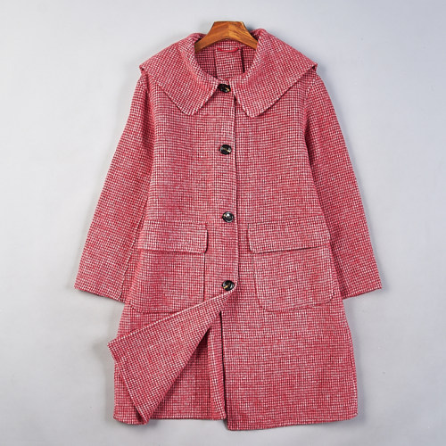 品质复古千鸟格翻领羊毛大衣女