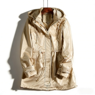 高级感金属光泽风衣女连帽抽绳设计H81058外贸宽松显瘦中长款 外套