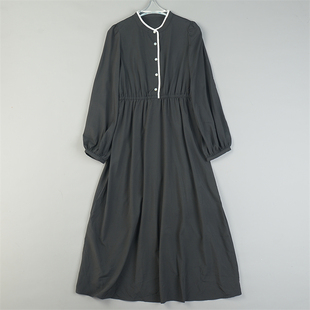 精品日单柔美气质长袖连衣裙女84337秋季新款简约高腰A字大摆长裙