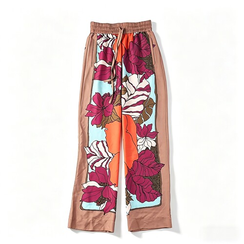 夏季宽松拼接松紧腰系带长裤