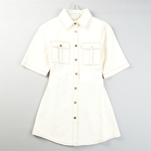 收腰显瘦连衣裙 短裙女L84741春夏短袖 外贸米色纯棉中长款 牛仔衬衫