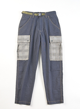 美式格纹拼接萝卜牛仔裤男H83517夏秋新款复古多口袋腰带工装长裤